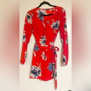 Fleur Bleue Red Blue Floral Jumpsuit Romper Long Sleeve Shorts